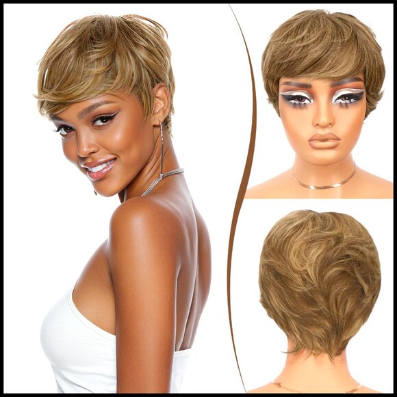 Pixie Cut Human Hair Wig Glueless Layered Wavy Short With Bangs
